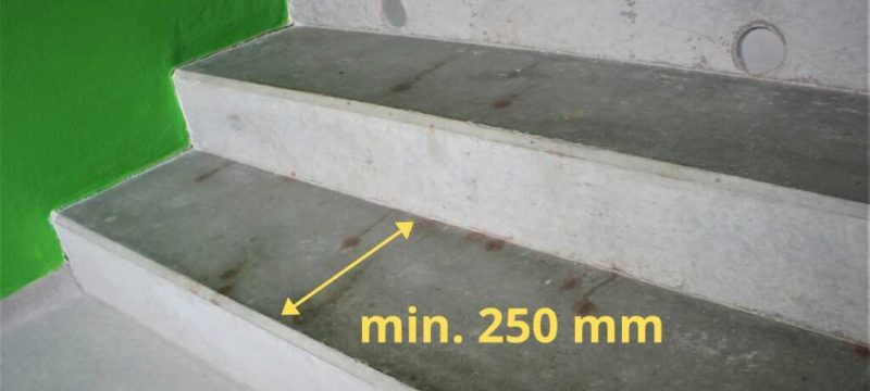 Minimální šířka schodu je 250 mm.