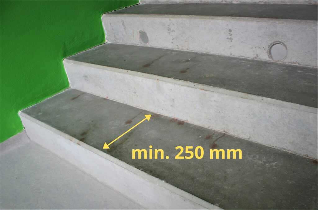 Minimální šířka schodu je 250 mm.